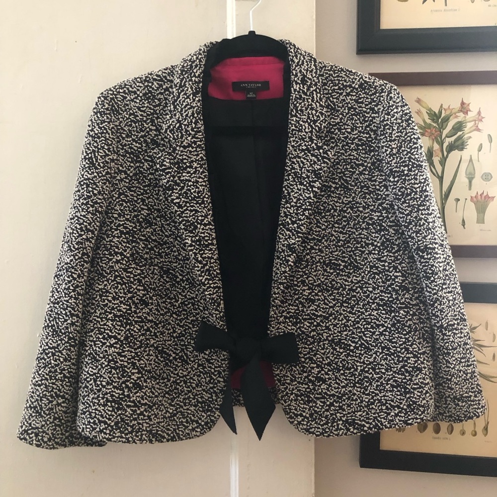 Ann Taylor Cropped Black and White Boucle Blazer with Grosgrain Tie